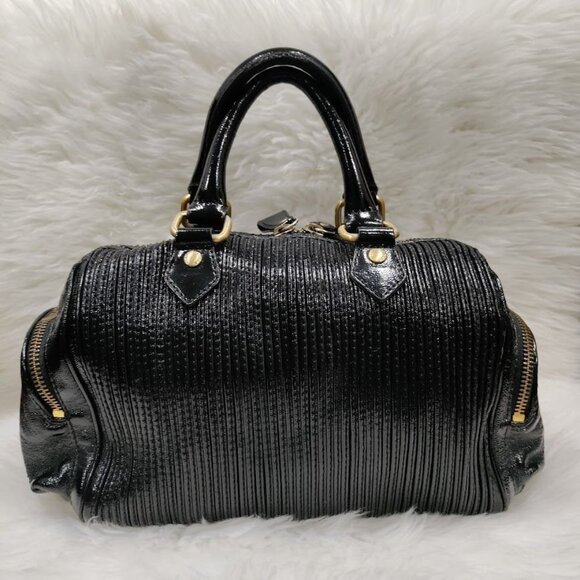 Elliott Lucca Black Patent Leather Handbag With Gold Accents Double Handle Bag - Picture 4 of 15